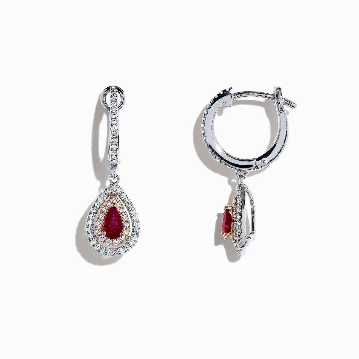 Ruby Royale 14K Two Tone Gold Pear Shaped Ruby Drop Earrings, 0.87 TCW, feature pear-shaped red rubies surrounded by two rows of white diamonds and diamond accents on the hooks, set in gold and shown on a white background.