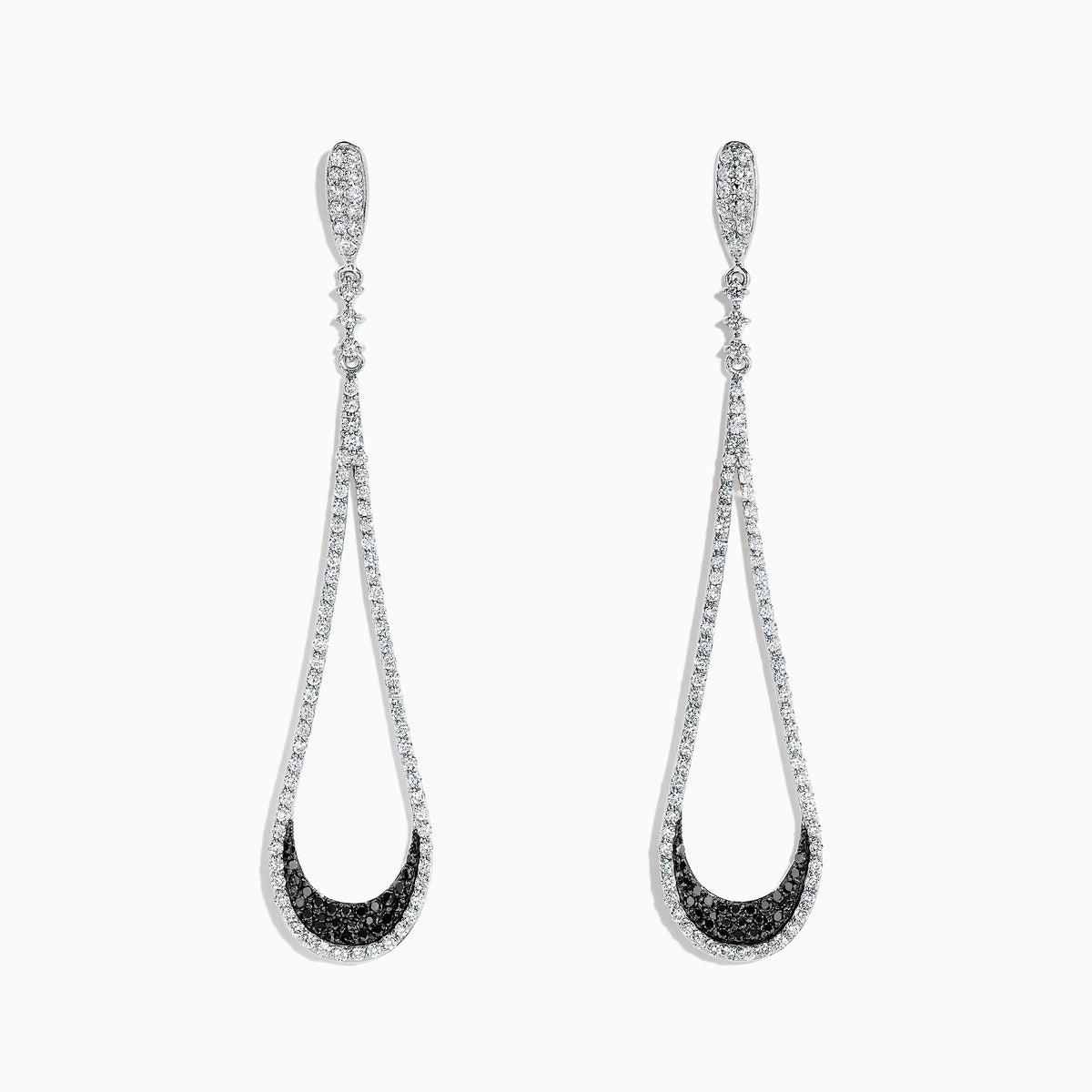 These 14K White Gold Black and White Diamond Drop Earrings (1.70 TCW) feature an open, elegant design with a sleek, sophisticated look, showcased against a white background.