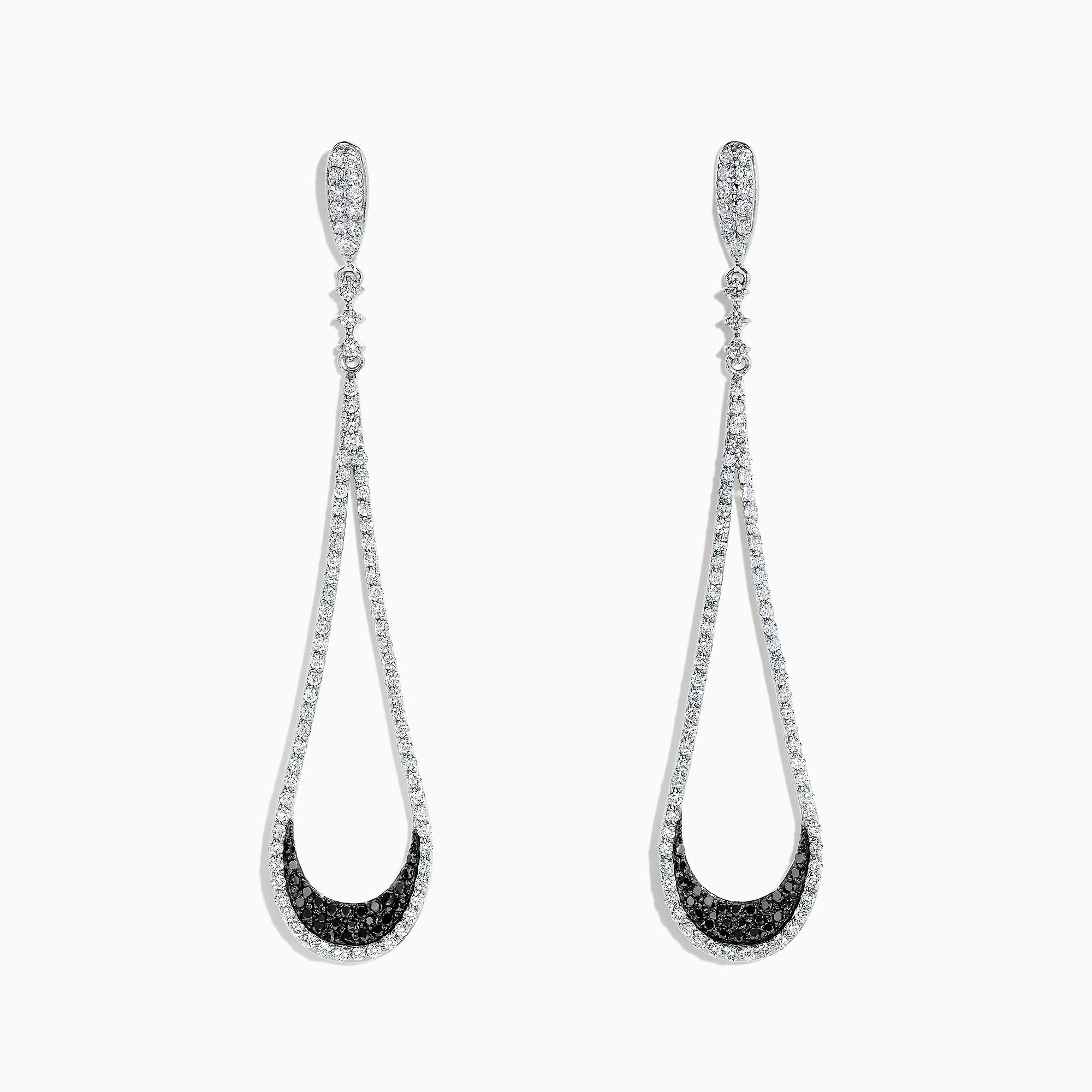 These 14K White Gold Black and White Diamond Drop Earrings (1.70 TCW) feature an open, elegant design with a sleek, sophisticated look, showcased against a white background.