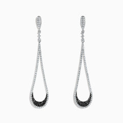 These 14K White Gold Black and White Diamond Drop Earrings (1.70 TCW) feature an open, elegant design with a sleek, sophisticated look, showcased against a white background.