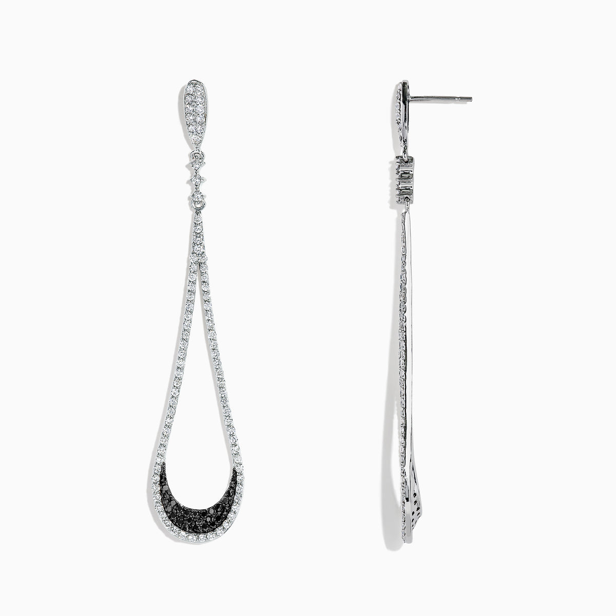 These 14K White Gold Black and White Diamond Drop Earrings (1.70 TCW) feature an open, elegant design with a sleek, sophisticated look, showcased against a white background.