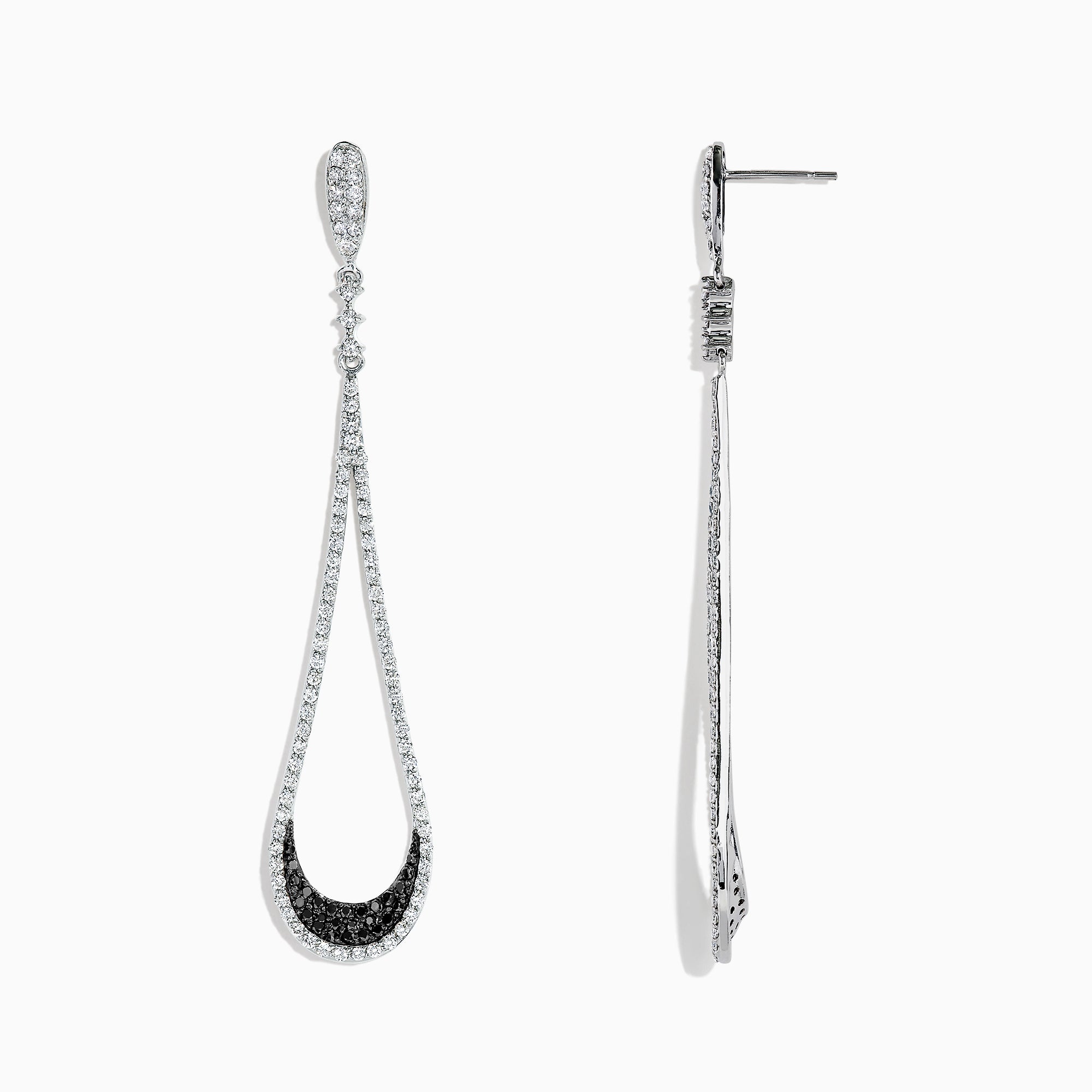 These 14K White Gold Black and White Diamond Drop Earrings (1.70 TCW) feature an open, elegant design with a sleek, sophisticated look, showcased against a white background.