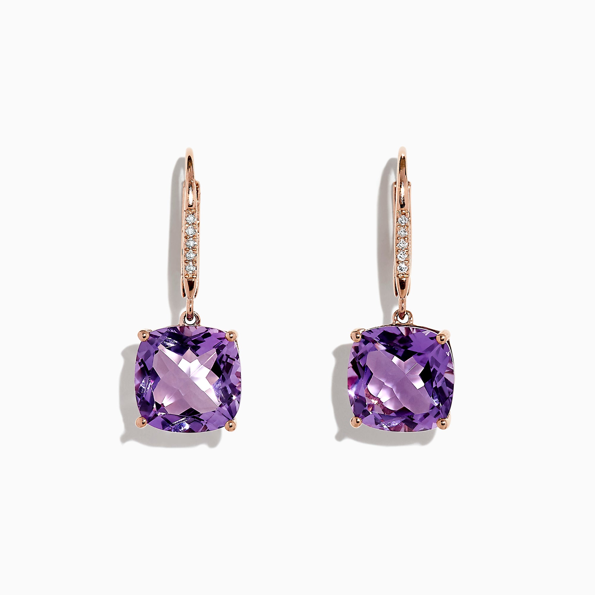 14K Rose Gold Amethyst and Diamond Earrings, 8.12 TCW, featuring cushion-cut amethysts and round diamonds set on the hooks, pictured against a white background.