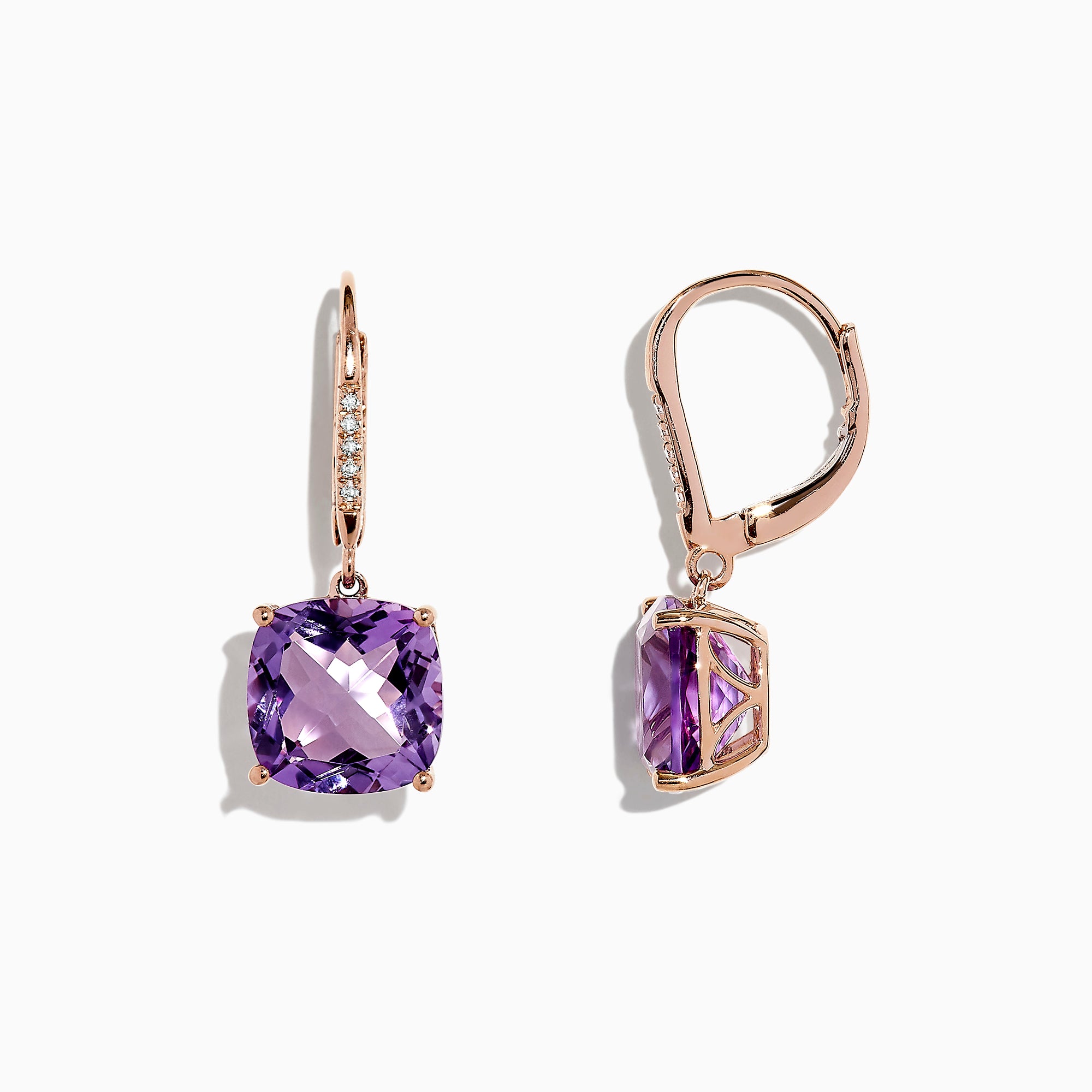 14K Rose Gold Amethyst and Diamond Earrings, 8.12 TCW, featuring cushion-cut amethysts and round diamonds set on the hooks, pictured against a white background.