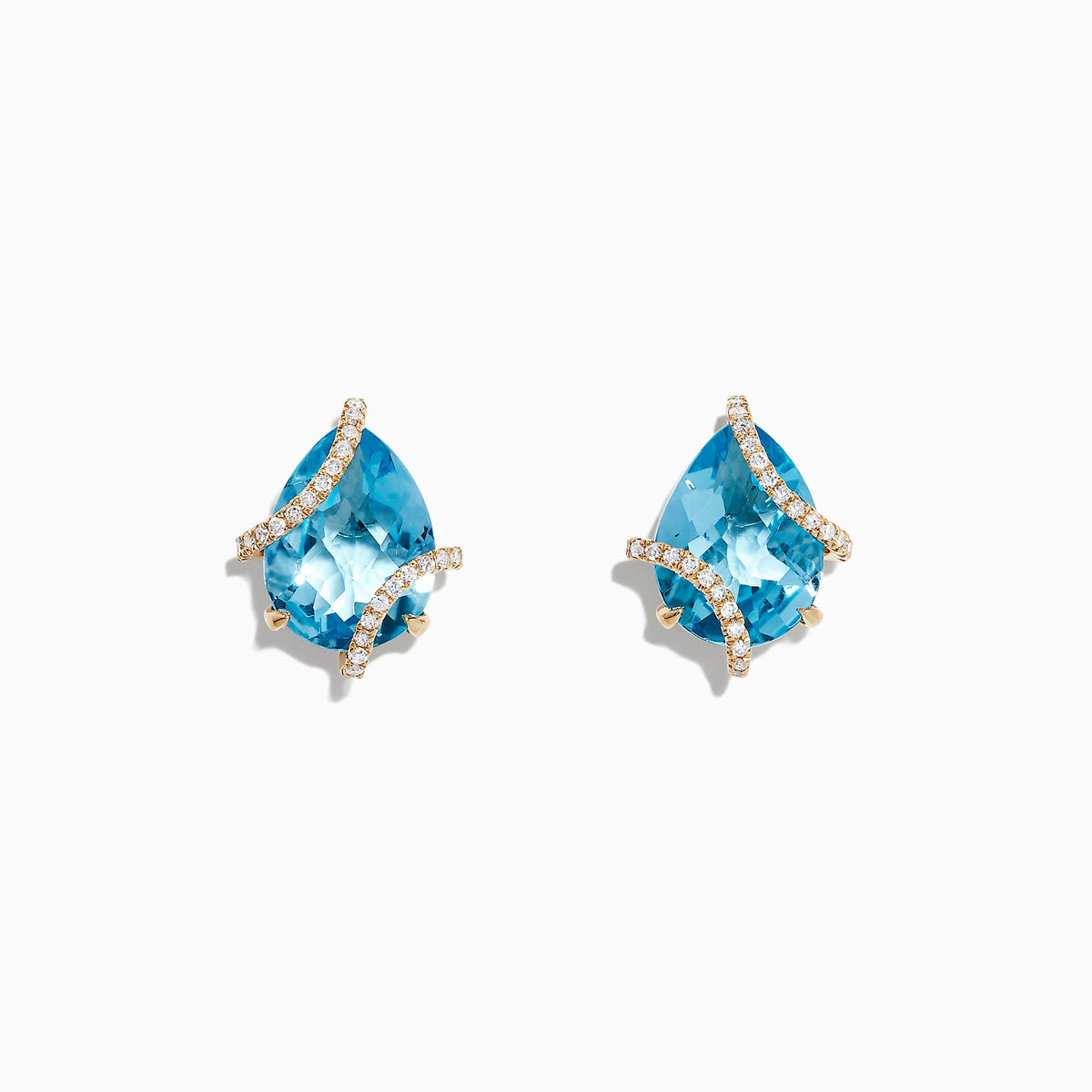 Ocean Bleu 14K Yellow Gold Earrings feature pear-shaped blue topaz and crisscrossing diamond accents, totaling 9.70 TCW.