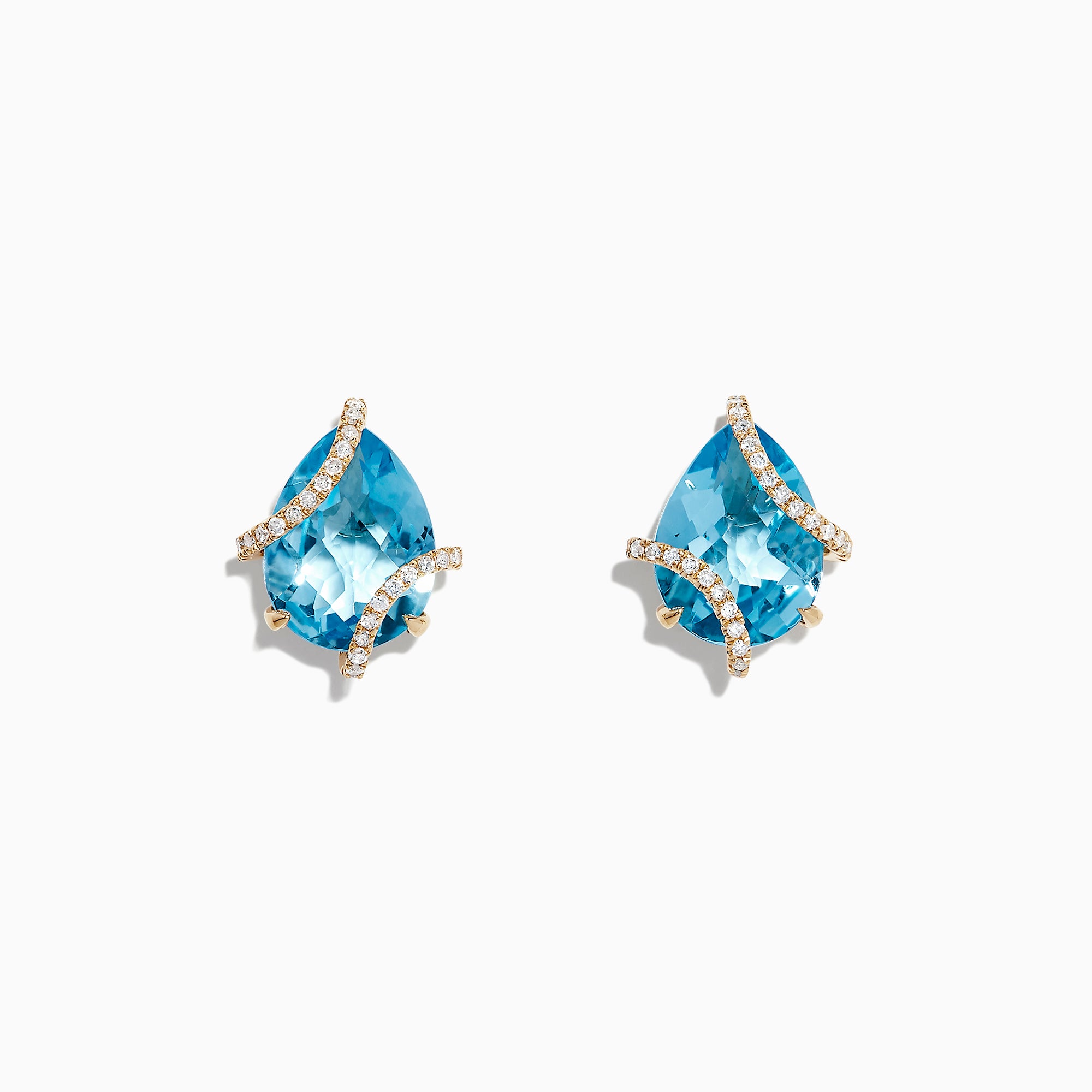 Ocean Bleu 14K Yellow Gold Earrings feature pear-shaped blue topaz and crisscrossing diamond accents, totaling 9.70 TCW.
