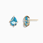 The Ocean Bleu 14K Yellow Gold Blue Topaz and Diamond Earrings, 9.70 TCW, showcase pear-shaped blue topaz gems with diamond accents in gold settings, shown from front and side on white—perfect for any special occasion.