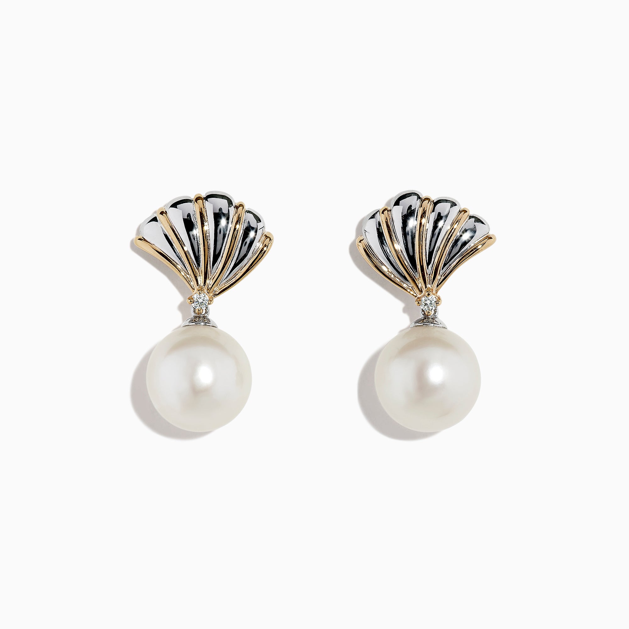 Effy Sterling Silver & 14K Gold Pearl and Diamond Shell Earrings, 0.04 TCW