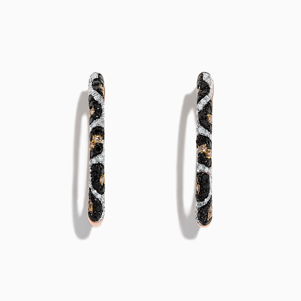 A pair of 14K rose gold hoop earrings featuring leopard spots and 0.78 TCW diamonds in black, brown, and white, set against a white background.