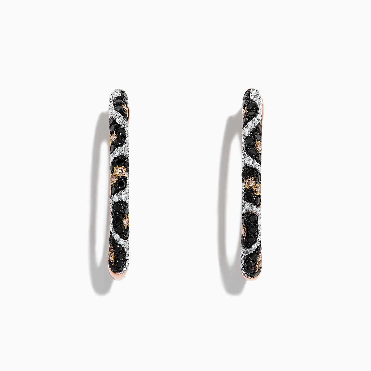 A pair of 14K rose gold hoop earrings featuring leopard spots and 0.78 TCW diamonds in black, brown, and white, set against a white background.
