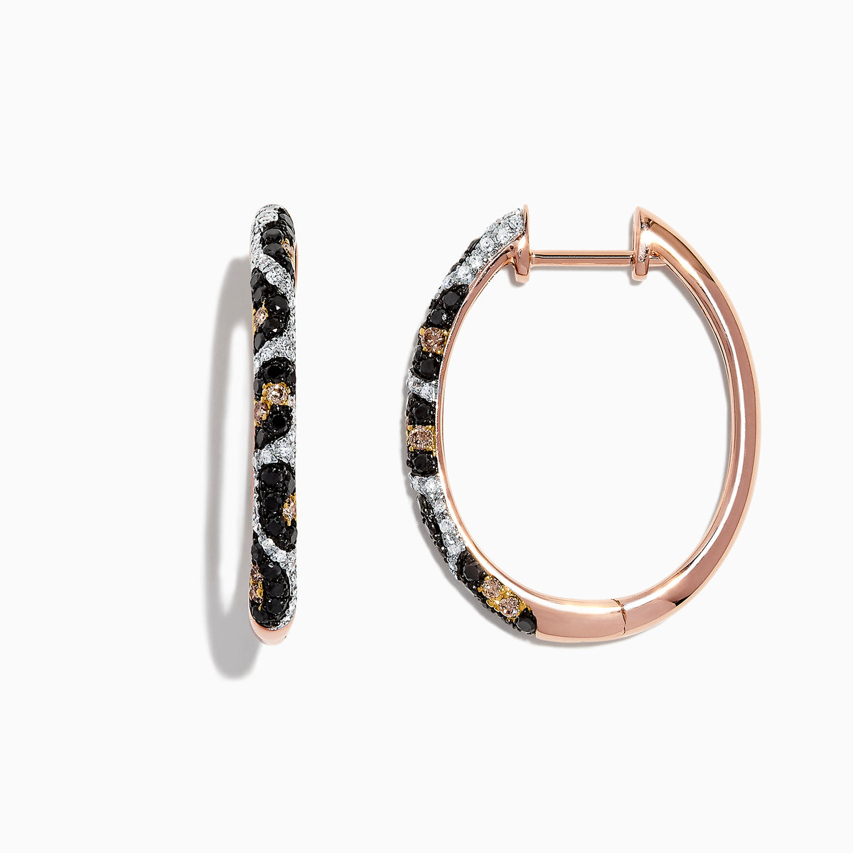 A pair of 14K rose gold hoop earrings featuring leopard spots and 0.78 TCW diamonds in black, brown, and white, set against a white background.