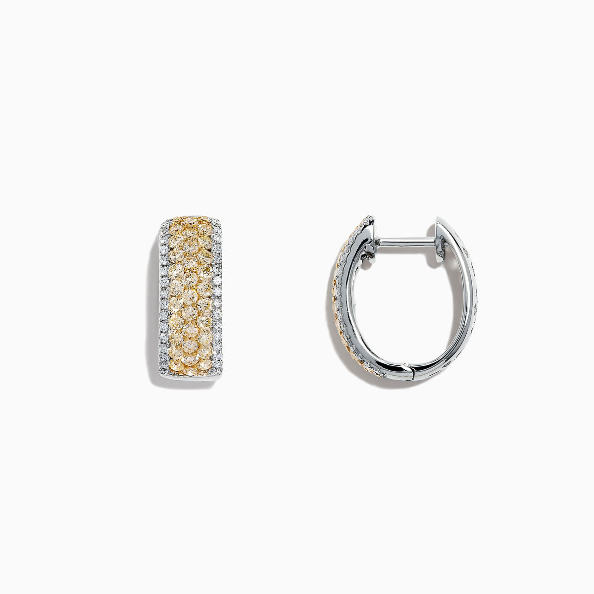The Canare 14K Gold 5/8 Pave Yellow Diamond Hoop Earrings (1.26 TCW) feature sparkling rows of yellow diamonds set in gold, showcased against a white background.