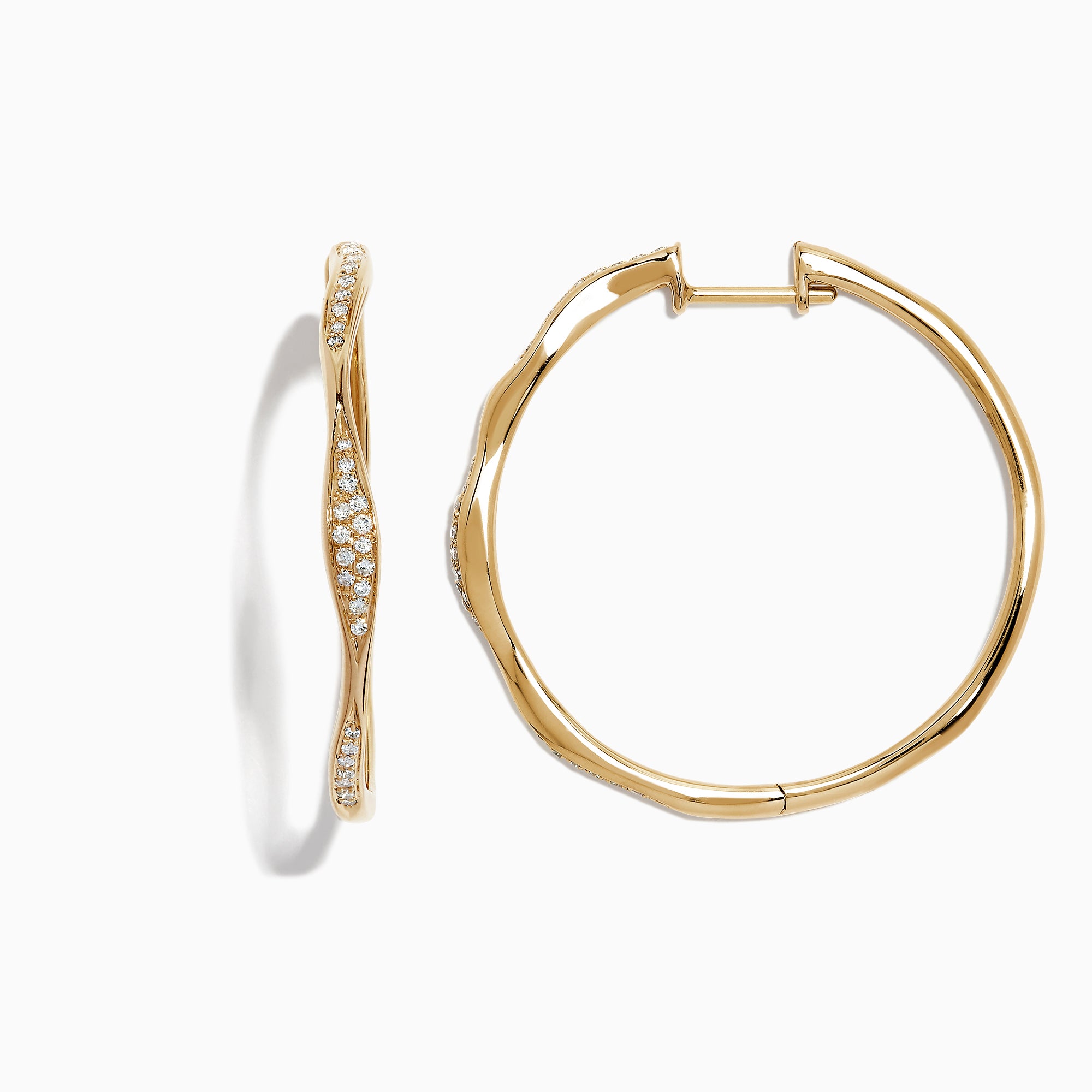 A pair of DOro 14K Yellow Gold 1 1/4 Diamond Wave Hoop Earrings, 0.25 TCW, with a twisted design and white diamonds along the front, displayed on a white background.