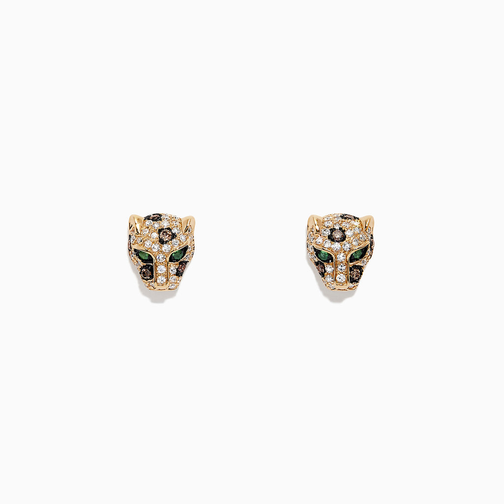 The Signature 14K Yellow Gold Diamond Panther Stud Earrings, 0.37 TCW, feature panther head designs with sparkling clear and green gemstones, shown against a white background.