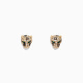 The Signature 14K Yellow Gold Diamond Panther Stud Earrings, 0.37 TCW, feature panther head designs with sparkling clear and green gemstones, shown against a white background.