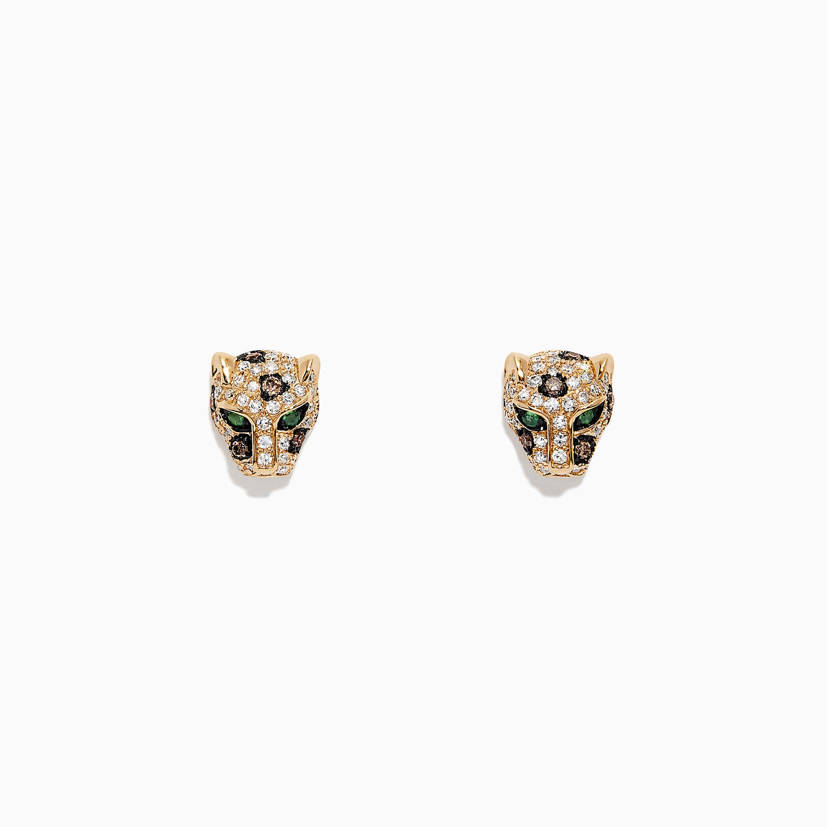 The Signature 14K Yellow Gold Diamond Panther Stud Earrings, 0.37 TCW, feature panther head designs with sparkling clear and green gemstones, shown against a white background.