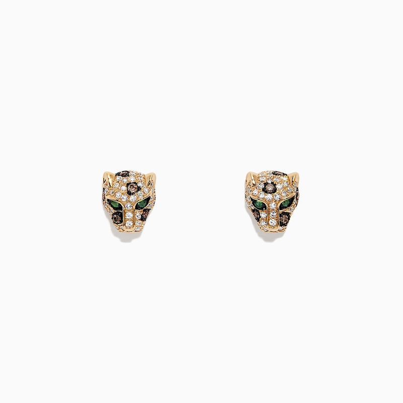 The Signature 14K Yellow Gold Diamond Panther Stud Earrings, 0.37 TCW, feature panther head designs with sparkling clear and green gemstones, shown against a white background.