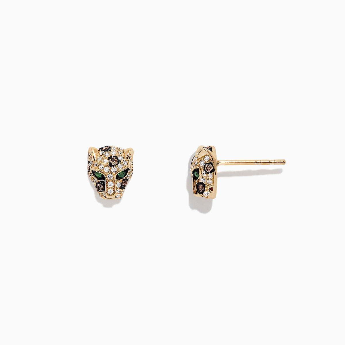 The Signature 14K Yellow Gold Diamond Panther Stud Earrings, 0.37 TCW, feature panther head designs with sparkling clear and green gemstones, shown against a white background.
