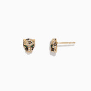 The Signature 14K Yellow Gold Diamond Panther Stud Earrings, 0.37 TCW, feature panther head designs with sparkling clear and green gemstones, shown against a white background.