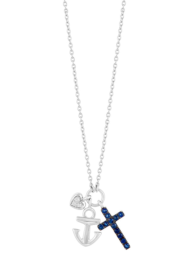 The Novelty Sterling Silver Blue Sapphire Mix Charm Pendant (0.45 TCW) features a small heart with a clear stone, an anchor, and a blue sapphire-encrusted cross—an elegant Effy design.