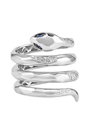 The 925 Sterling Silver Diamond and Sapphire Snake Ring, 0.12 TCW, features a coiled design with smooth surfaces and sparkling blue sapphire eyes, elegantly displayed on a white background.