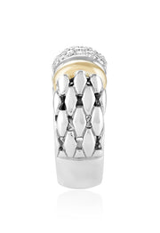 The 925 Sterling Silver & 18K Yellow Gold Accented Diamond Ring, 0.53 TCW, features a wide beaded band, two gold accents, and a rectangular center set with shimmering diamonds.
