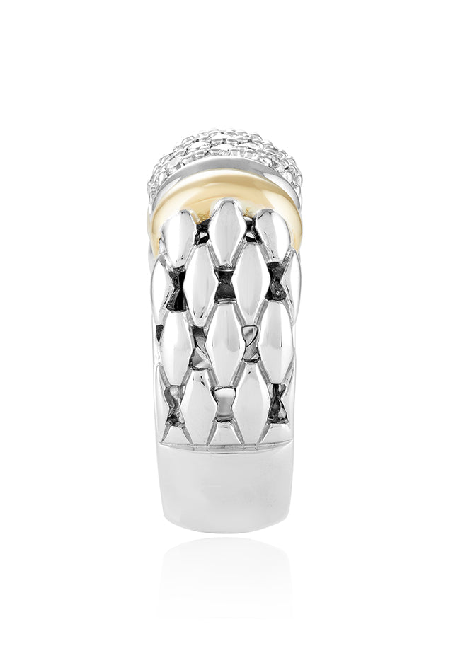 The 925 Sterling Silver & 18K Yellow Gold Accented Diamond Ring, 0.53 TCW, features a wide beaded band, two gold accents, and a rectangular center set with shimmering diamonds.
