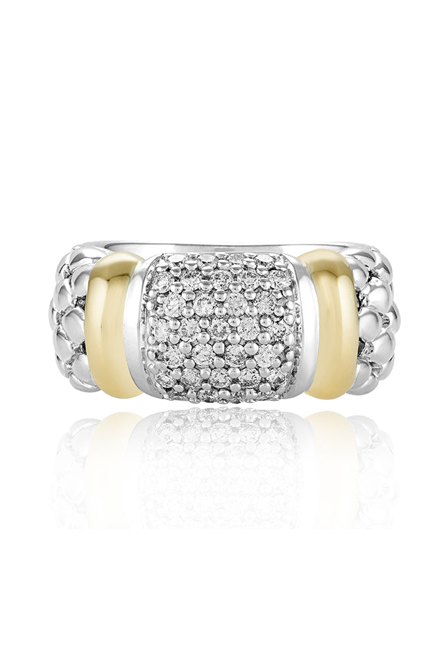The 925 Sterling Silver & 18K Yellow Gold Accented Diamond Ring, 0.53 TCW, features a wide beaded band, two gold accents, and a rectangular center set with shimmering diamonds.