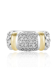 The 925 Sterling Silver & 18K Yellow Gold Accented Diamond Ring, 0.53 TCW, features a wide beaded band, two gold accents, and a rectangular center set with shimmering diamonds.