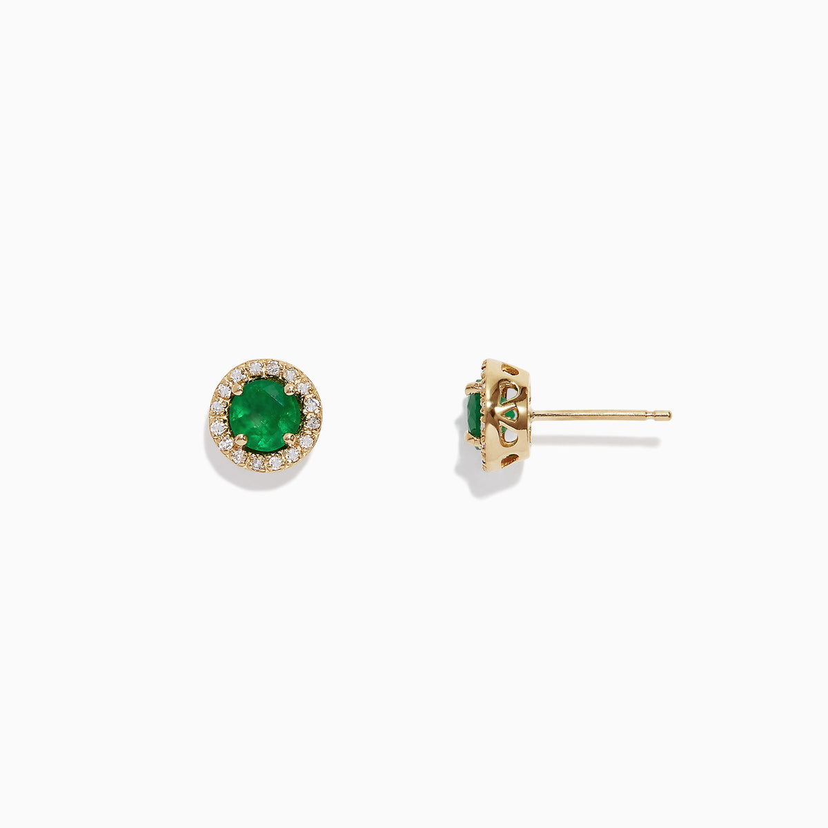 The Brasilica 14K Yellow Gold Emerald and Diamond Stud Earrings (1.08 TCW) feature round emerald centers encircled by a halo of clear diamonds, shown against a plain white background.