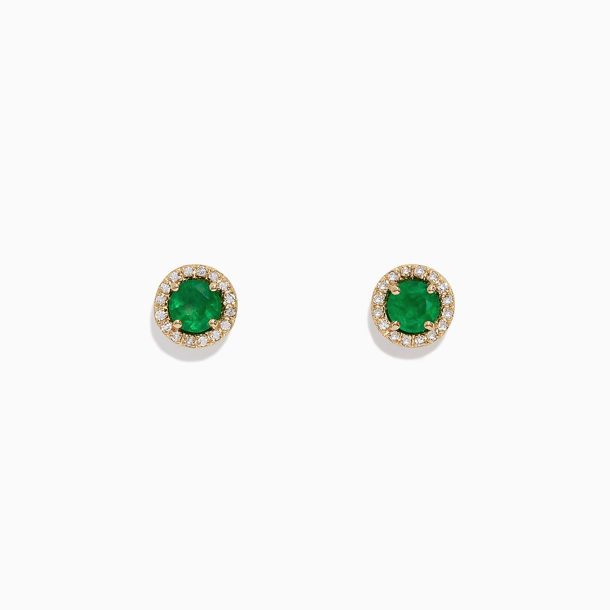 The Brasilica 14K Yellow Gold Emerald and Diamond Stud Earrings (1.08 TCW) feature round emerald centers encircled by a halo of clear diamonds, shown against a plain white background.