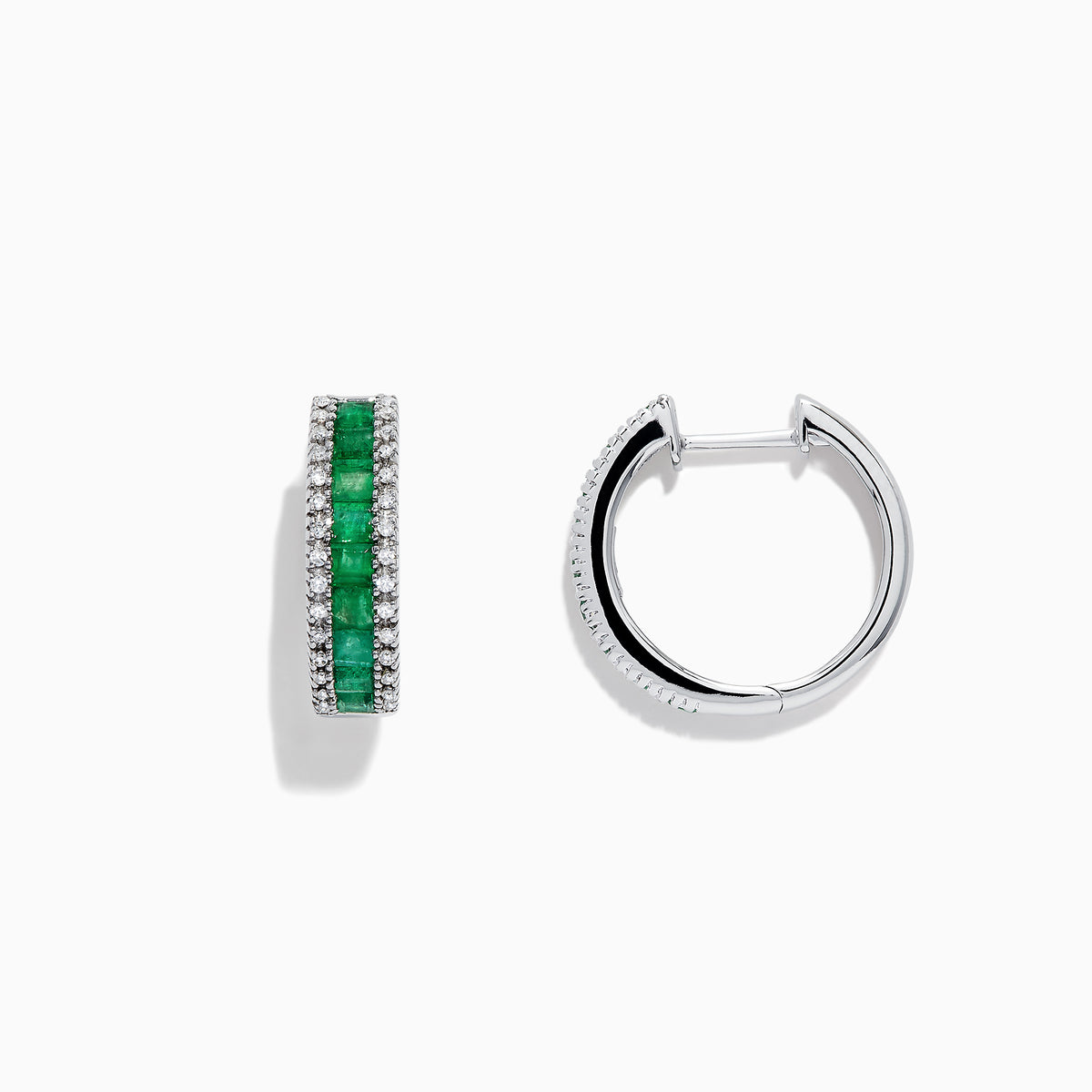 The Brasilica 14K White Gold Emerald and Diamond Hoop Earrings, 2.04 TCW, feature a central row of green emeralds bordered by white diamonds, all set in white gold and displayed against a white background.