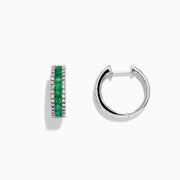 The Brasilica 14K White Gold Emerald and Diamond Hoop Earrings, 2.04 TCW, feature a central row of green emeralds bordered by white diamonds, all set in white gold and displayed against a white background.