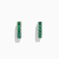 The Brasilica 14K White Gold Emerald and Diamond Hoop Earrings, 2.04 TCW, feature a central row of green emeralds bordered by white diamonds, all set in white gold and displayed against a white background.