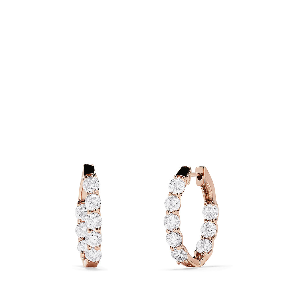 14K rose gold 7/8 diamond inside-out hoop earrings, 3.92 TCW, each with a vertical row of seven sparkling white diamonds, displayed against a plain white background.
