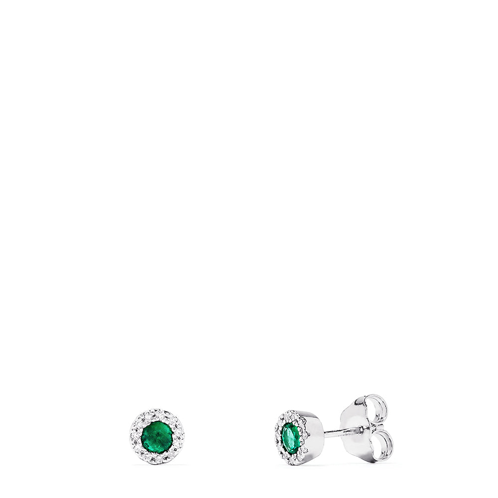 A pair of 14K White Gold Round Diamond Halo Emerald Stud Earrings, 0.39 TCW, featuring green gemstones surrounded by sparkling diamonds, displayed on a plain white background.