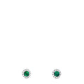 A pair of 14K White Gold Round Diamond Halo Emerald Stud Earrings, 0.39 TCW, featuring green gemstones surrounded by sparkling diamonds, displayed on a plain white background.