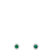 A pair of 14K White Gold Round Diamond Halo Emerald Stud Earrings, 0.39 TCW, featuring green gemstones surrounded by sparkling diamonds, displayed on a plain white background.