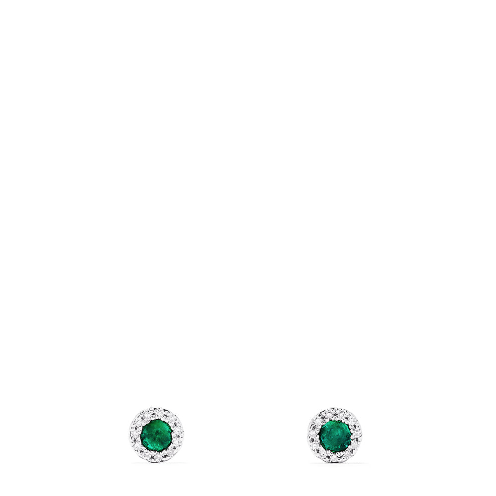 A pair of 14K White Gold Round Diamond Halo Emerald Stud Earrings, 0.39 TCW, featuring green gemstones surrounded by sparkling diamonds, displayed on a plain white background.