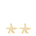 A pair of Seaside 14K Yellow Gold Diamond Starfish Earrings, 0.18 TCW, are shown against a plain white background, each arm sparkling with small diamonds.