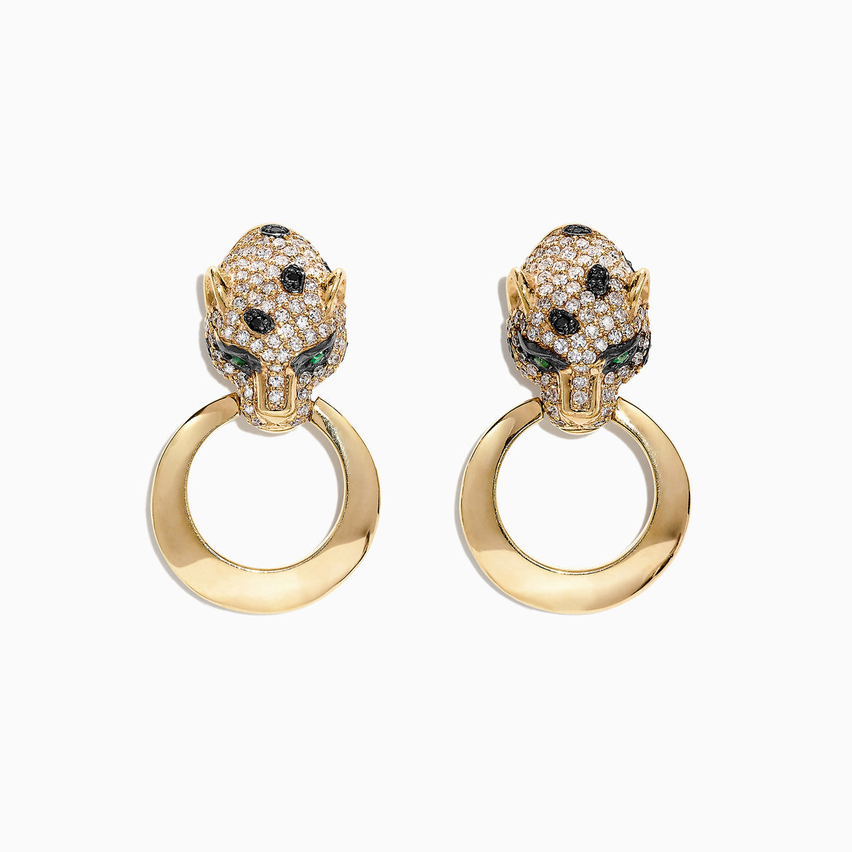 The Signature 14K Yellow Gold Diamond Emerald Panther Earrings, 0.93 TCW, feature leopard head designs with sparkling diamonds and green emerald eyes, each holding a smooth gold hoop in its mouth.