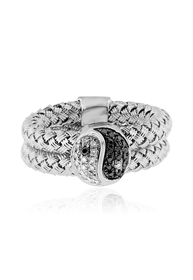 Effy 925 Sterling Silver Black and White Diamond Yin Yang Ring, 0.17 TCW