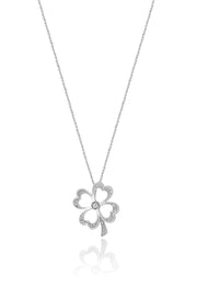 The 14K White Gold Diamond Clover Pendant, 0.23 TCW, features open heart-shaped leaves and a central diamond, elegantly showcased on a plain white background.