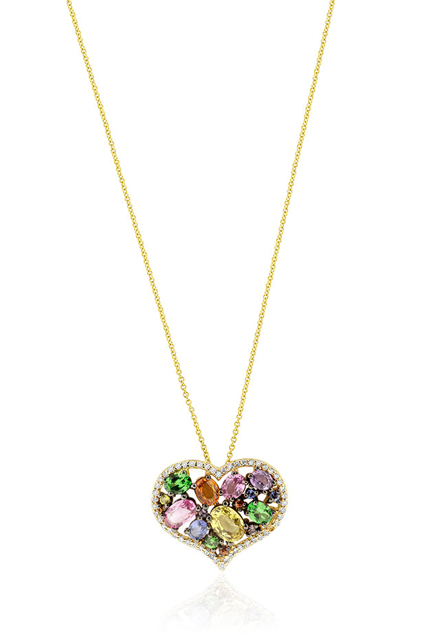 Effy 14K Yellow Gold Multi Sapphire and Diamond Heart Pendant, 3.88 TCW