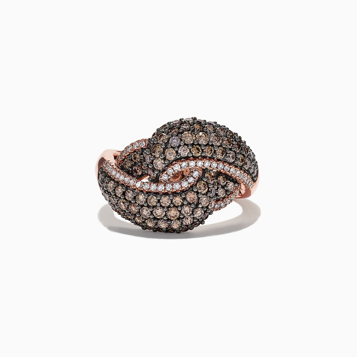The 14K Rose Gold Espresso and White Diamond Ring, 1.63 TCW, features an intricate looped design encrusted with sparkling white and espresso diamonds, shown against a white background.