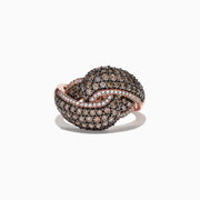 The 14K Rose Gold Espresso and White Diamond Ring, 1.63 TCW, features an intricate looped design encrusted with sparkling white and espresso diamonds, shown against a white background.