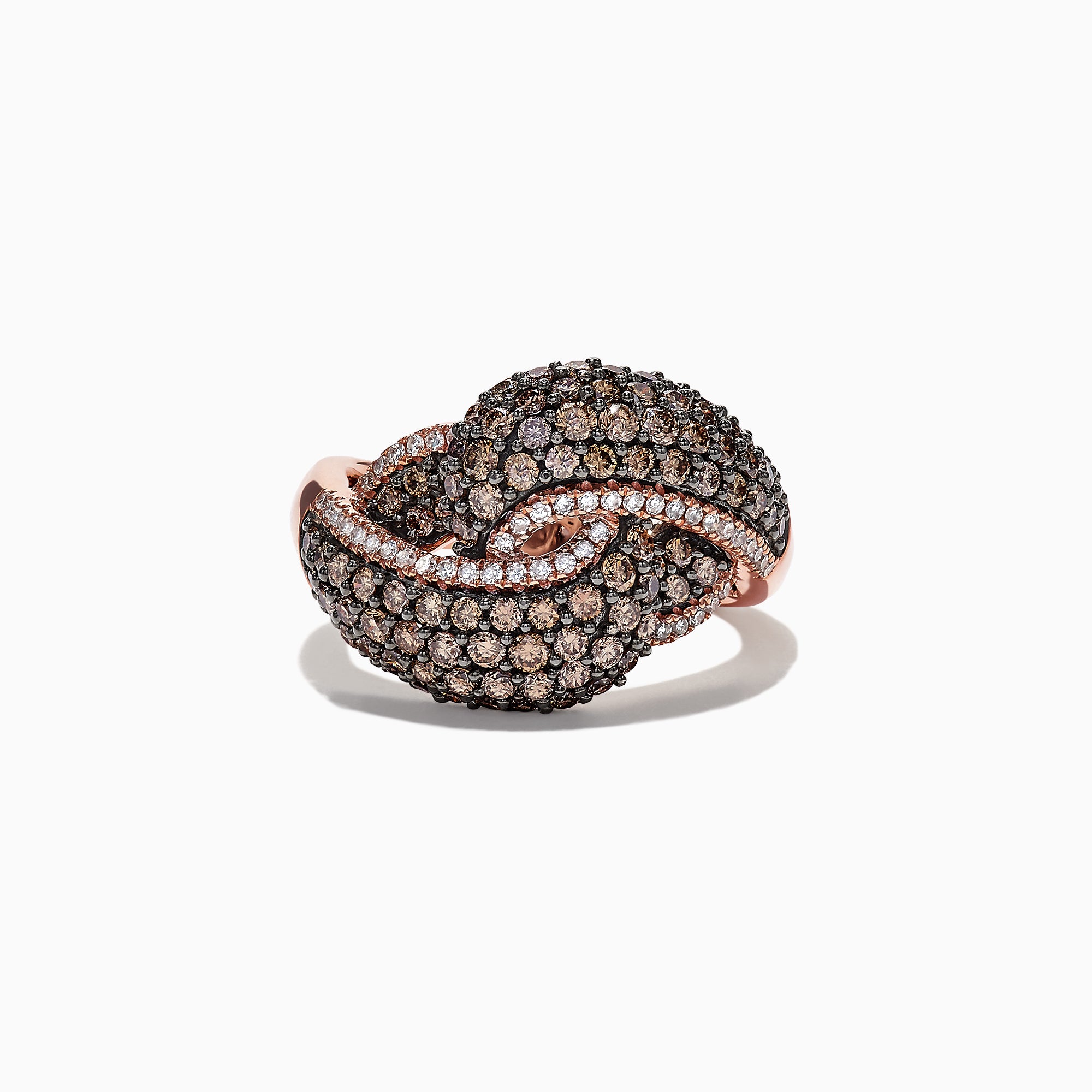 The 14K Rose Gold Espresso and White Diamond Ring, 1.63 TCW, features an intricate looped design encrusted with sparkling white and espresso diamonds, shown against a white background.