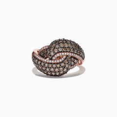 The 14K Rose Gold Espresso and White Diamond Ring, 1.63 TCW, features an intricate looped design encrusted with sparkling white and espresso diamonds, shown against a white background.