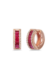 The Ruby Royale 14K Rose Gold Baguette Cut Ruby Hoop Earrings (1.90 TCW) feature red baguette rubies bordered by two rows of white diamonds, shown on a white background.