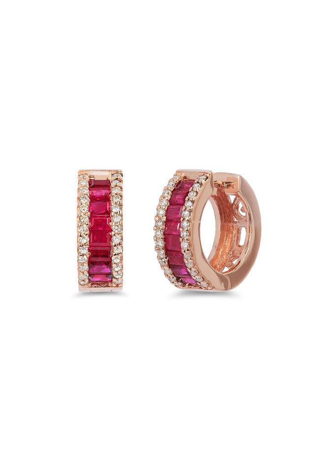 The Ruby Royale 14K Rose Gold Baguette Cut Ruby Hoop Earrings (1.90 TCW) feature red baguette rubies bordered by two rows of white diamonds, shown on a white background.